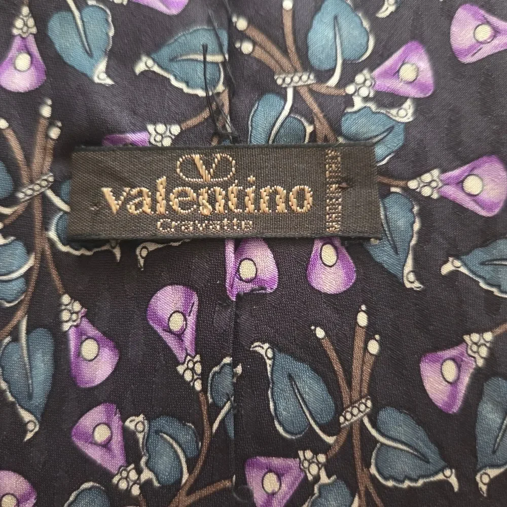 Valentino Floral 100% Silk Tie Black Purple Blue Made in Italy 4